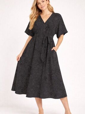 Bloomchic Black White Polka Dot Midi Dress Tie Waist Button Front Size 30